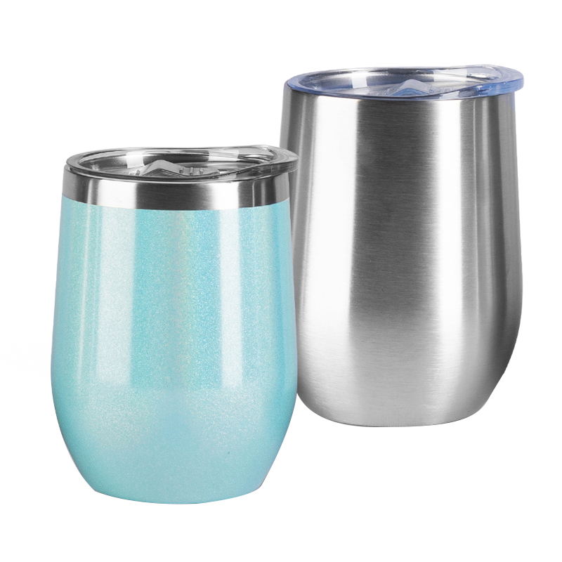detail of 12oz Double wall stainless steel stemless insulated wine glass with lid