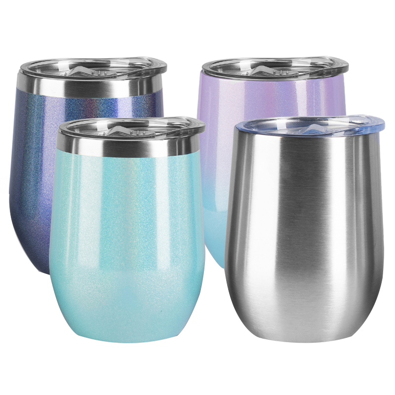 detail of 12oz Double wall stainless steel stemless insulated wine glass with lid