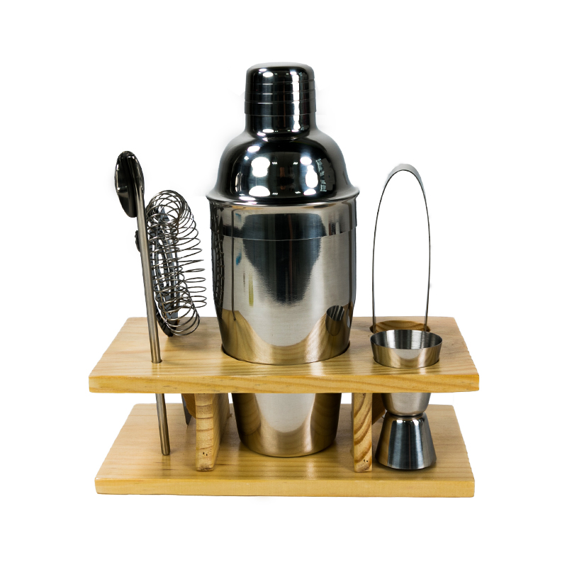 Stainless steel bartender kit with bamboo stand for parties