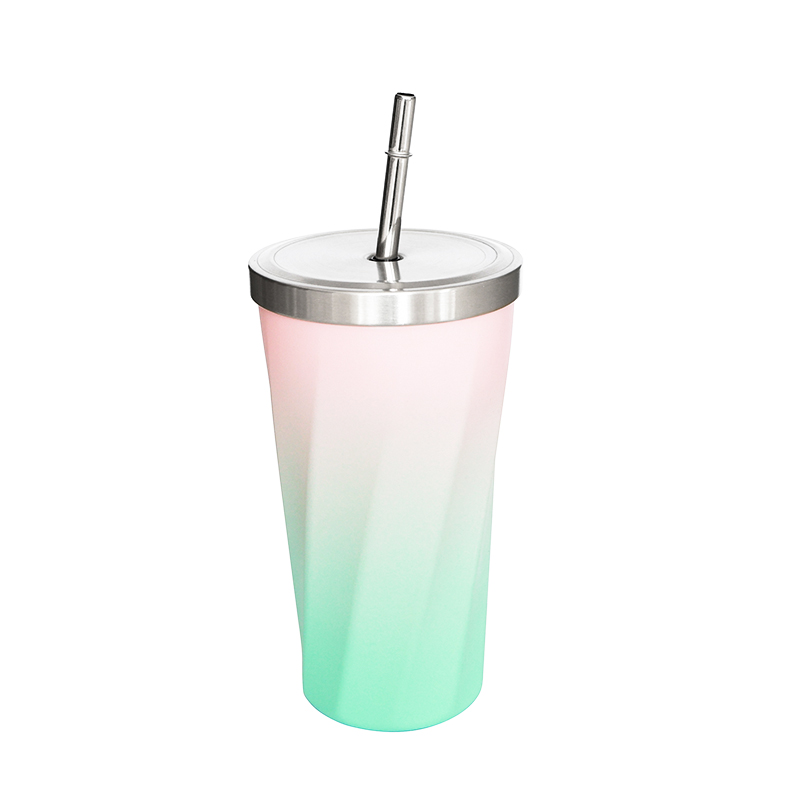 detail of 20oz Stainless steel iced coffee cup with straw and lid special shape